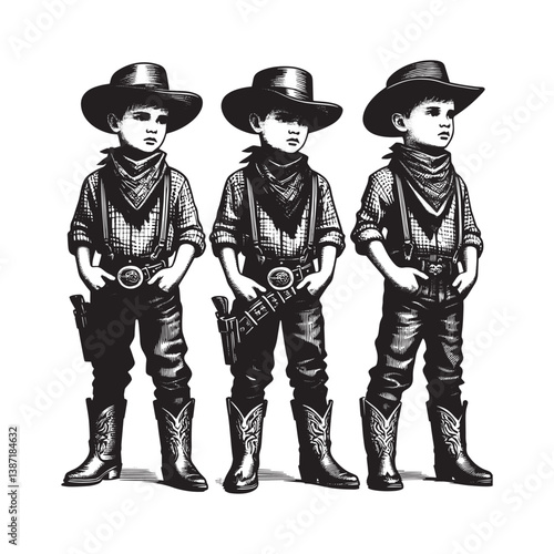 Stylized kids portraits embodying a vintage Western outlaw fashion in sketch art