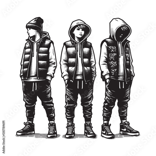 Stylized monochrome drawing showcasing boys in hoodies puffer vests joggers sneakers