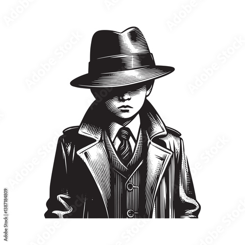 Stylized portrait of a young boy in vintage detective attire illustration