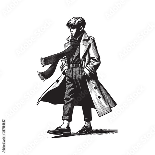 Stylized monochrome woodcut of boy in tailored trench coat and bold scarf