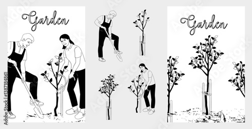 Man and women Gardening. Man with a shovel. Apple tree seedling. Set Elements about gardening, black and white vector illustration