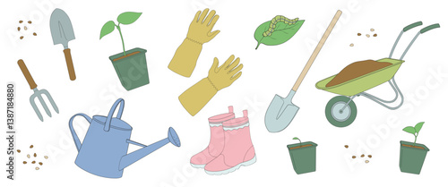 gardening tools and plants, protective gloves, wheelbarrow, watering can, Hand garden trowel, Hand garden fork