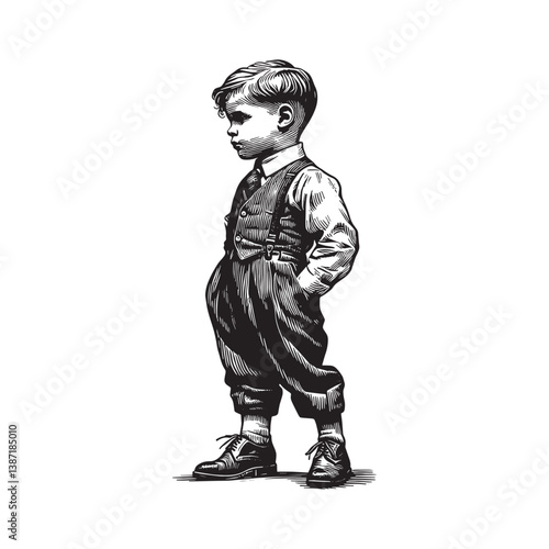 Stylized woodcut illustration of a young boy in vintage formal attire and suspenders