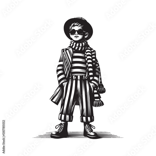 Stylized youthful figure showcasing striped monochromatic clothing in a woodcut style