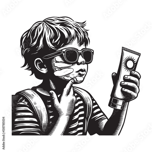 Sunscreen application by child before playing outdoors for skin protection
