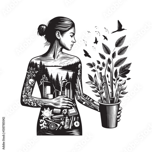 Sustainable future representation with nature integration and technology harmony