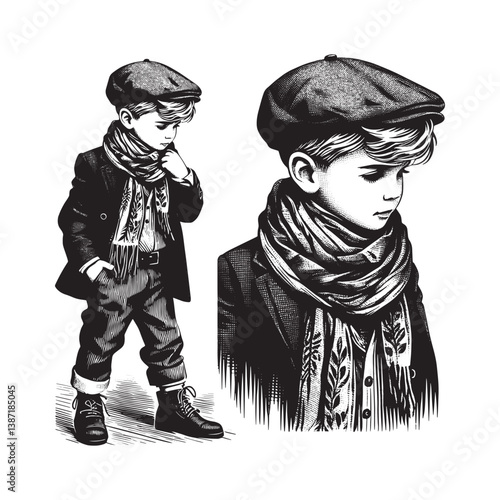 Stylized young boy adorned with sophisticated scarf in detailed monochrome artwork