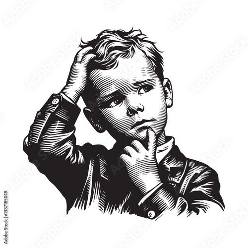 Thoughtful young boy in monochrome artistic rendering expressing thoughtfulness