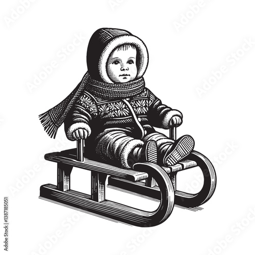 Tiny tot on a sled, bundled warmly in winter gear, detailed woodcut style illustration