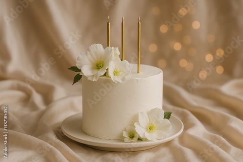 Elegant Cake With Flowers and Candles for Special Celebration in a Softly Lit...