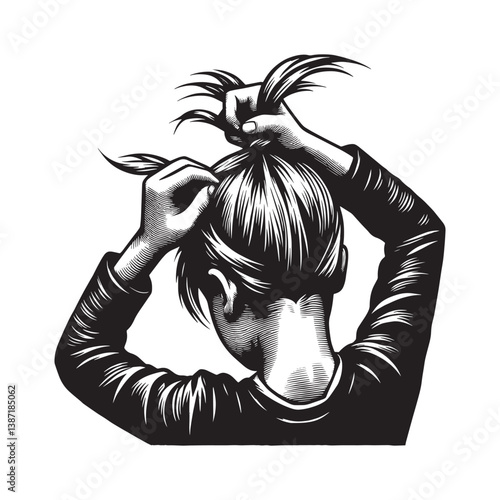 Stylized woodcut of a young person tying their hair into a ponytail