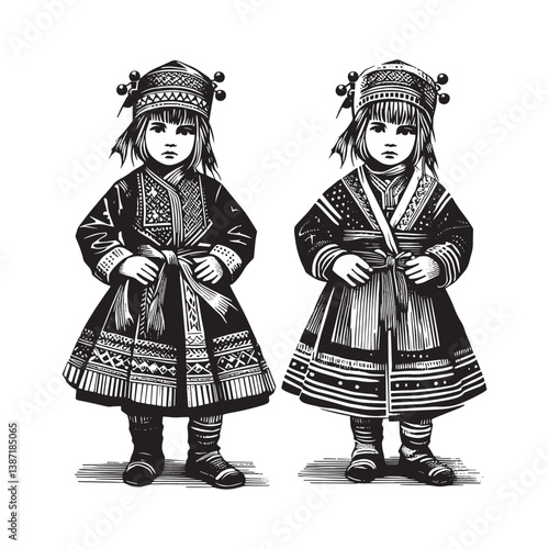 Sámi Gákti traditional clothing adorning little girls in woodcut illustration
