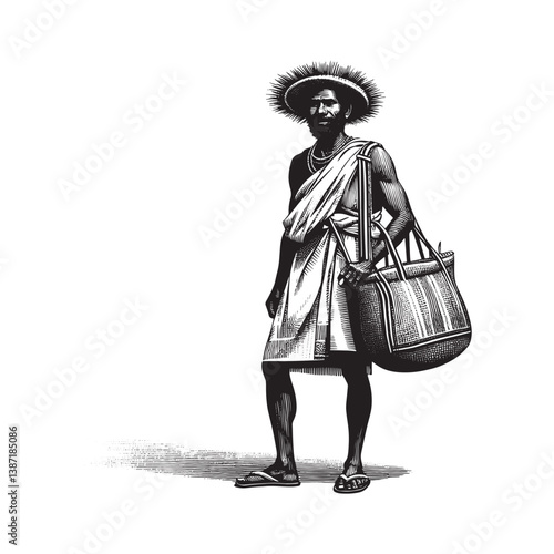 Traditional attire man carrying woven bilum bag in woodcut style art