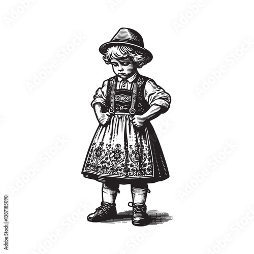Traditional attire little boy in vintage woodcut style with folk fashion