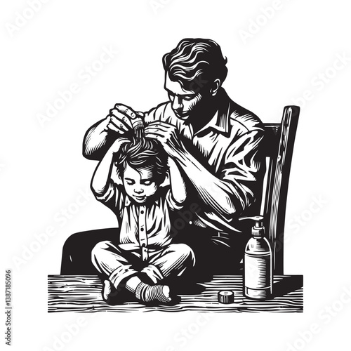 Touching moment of parental care applying hair oil to a child in woodcut style