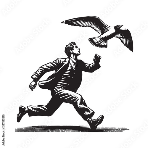 Unexpected encounter man avoids airborne surprise in detailed woodcut illustration