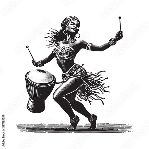Vibrant traditional celebration African woman dancing to the rhythmic drum beats