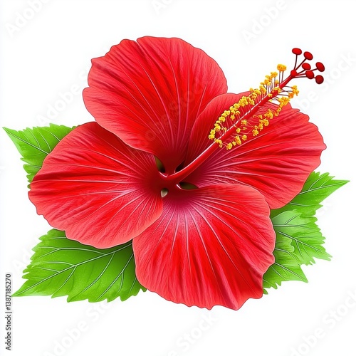 Stunning Red Hibiscus Flower Blooming Amidst Lush Green Leaves with a Touch of Tropical Charm
