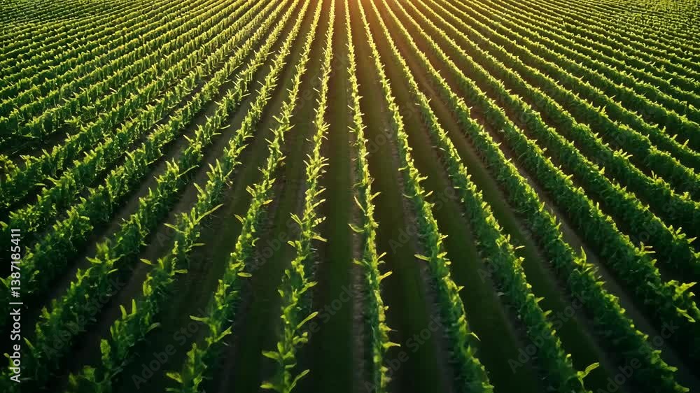 Aerial view of meticulously cultivated crop rows bathed in golden sunlight, showcasing agricultural precision and the beauty of nature's patterns. Aerial view of meticulously cultivated crop rows bathed in golden sunlight, showcasing agricultural precision and the beauty of nature's patterns.