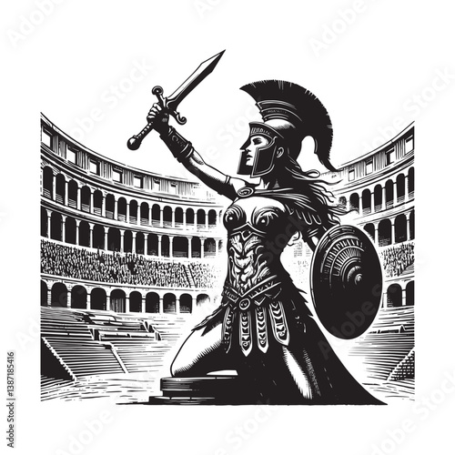 Victorious woman gladiator in a Roman arena with sword held high