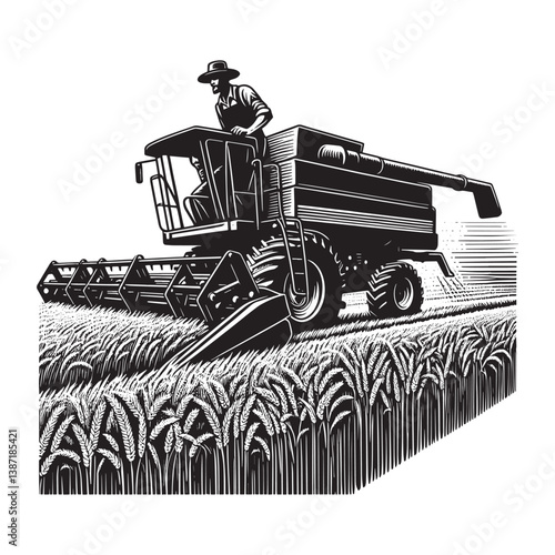 Vintage agriculture harvesting scene with combine harvester in wheat field
