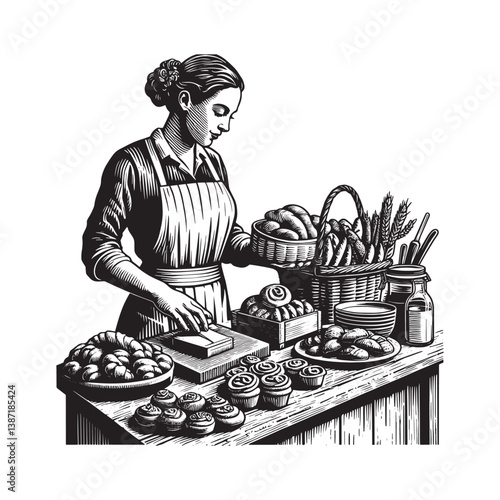 Vintage bakery scene featuring a woman showcasing her delicious baked creations