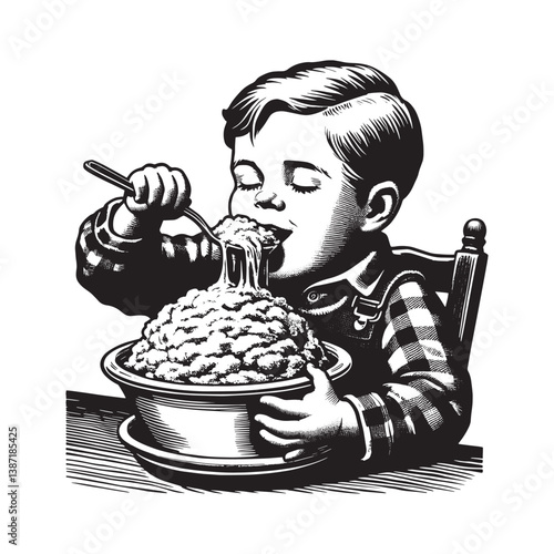 Vintage charm depiction of a little boy delighting in mashed potatoes