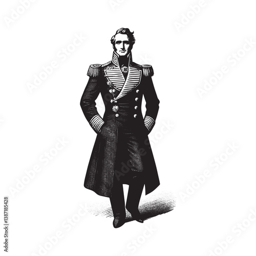 Vintage engraving of a proud military leader in ornate regalia and classic long coat