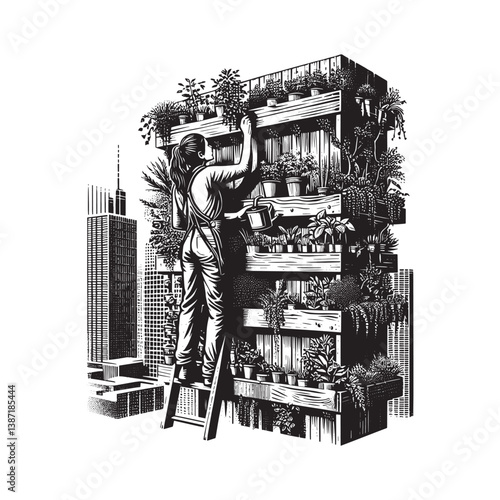 Urban greenery concept Woman cultivating a vertical garden in the city