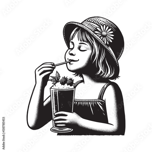 Vintage charm meets summer refreshment girl enjoying berry daiquiri drawing