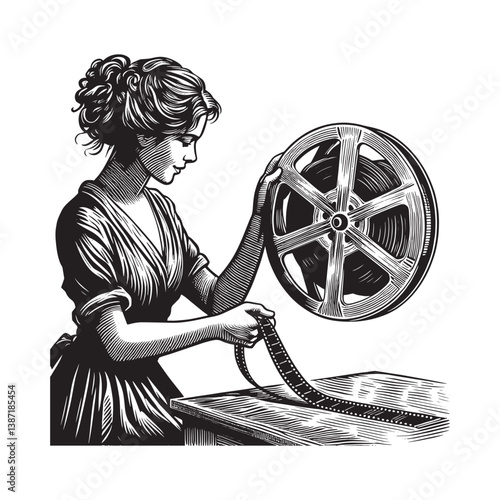 Vintage charm of filmmaking a woman handling classic film reel imagery