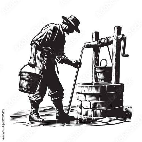 Vintage depiction of a rural man drawing water from a stone well using a bucket