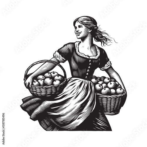 Vintage illustration of woman harvesting apples carrying baskets full of fruit