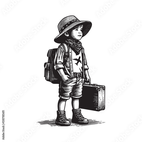Vintage-style drawing of adventurous kid ready for travel with suitcase
