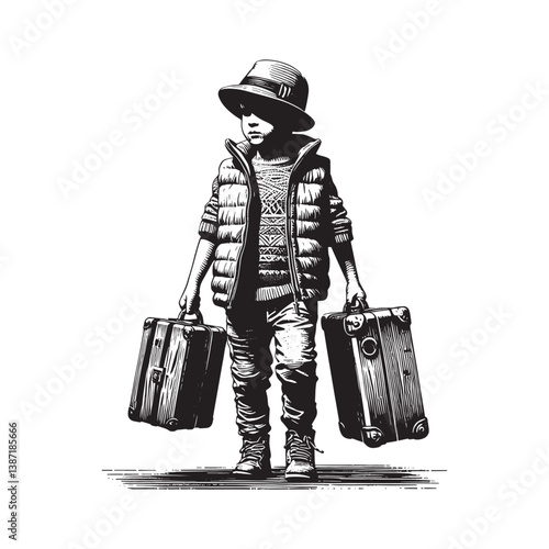 Vintage-Style Illustration of a Boy with Suitcases Ready for Adventure