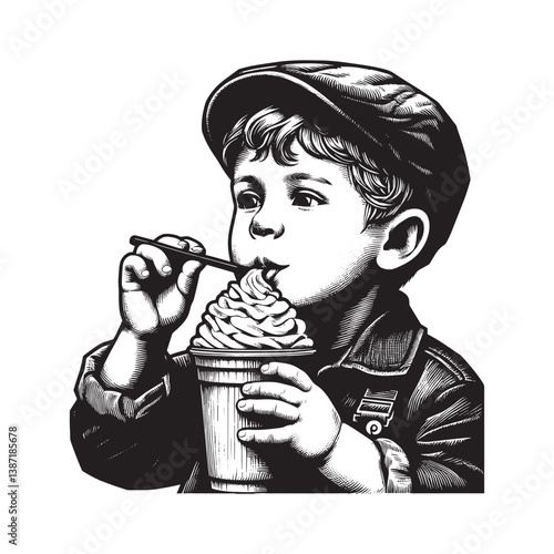 Vintage-style illustration of a young boy enjoying a dessert drink