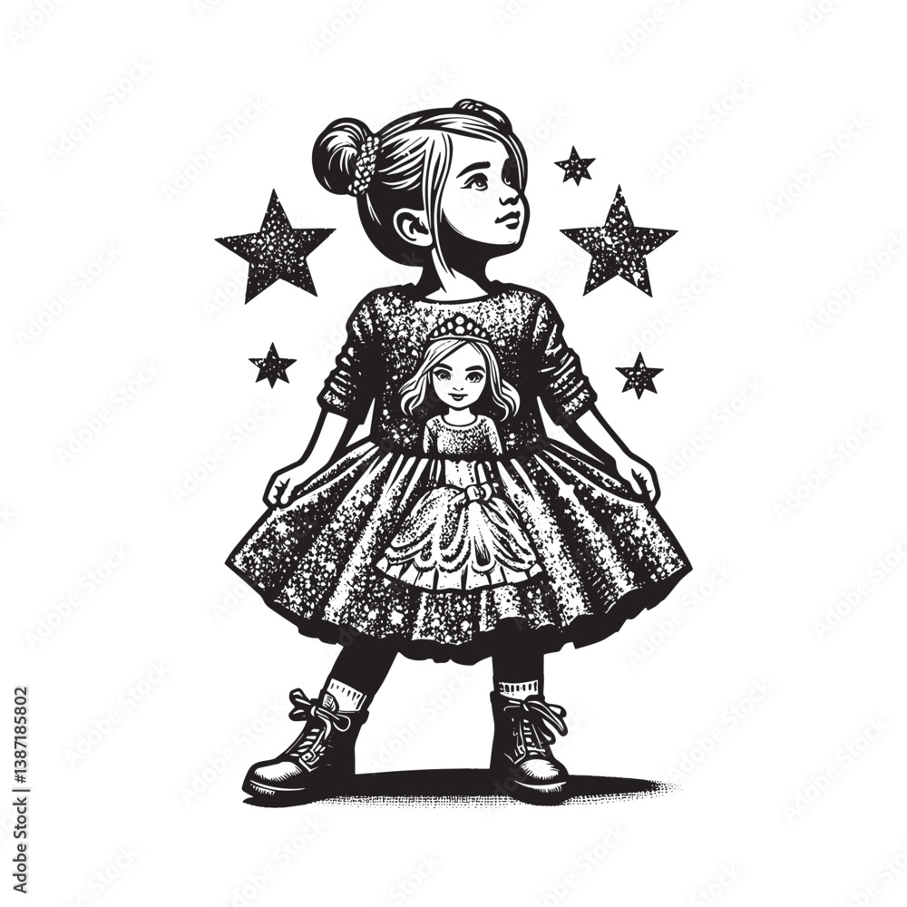 Obraz premium Whimsical illustration of a young girl in a star-adorned dress with sparkle style