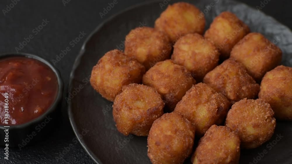 Cheese or potato croquettes, balls fried in breading with salt, spices on a dark concrete background Cheese or potato croquettes, balls fried in breading with salt, spices on a dark concrete background