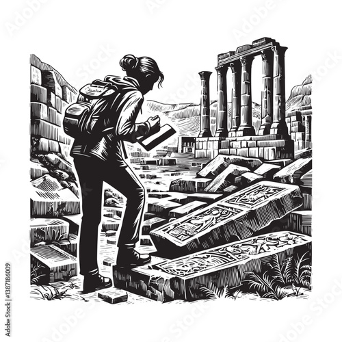 Woman anthropologist discovers ancient civilization ruins with notebook in hand