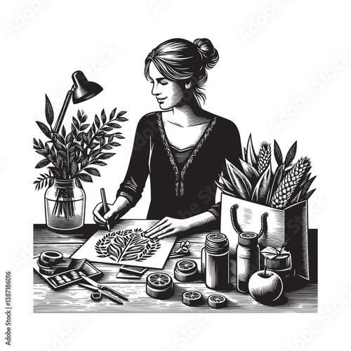 Woman artist designing botanical illustration for sustainable product line