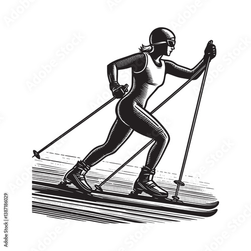 Woman athlete cross country skiing woodcut style vector artwork for sport equipment