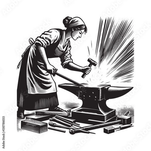 Woman Blacksmith Forging Metal on Anvil in Vintage Woodcut Style Illustration