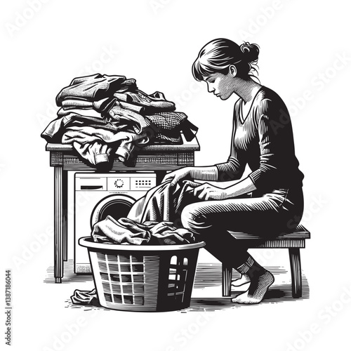 Woman completing household chores sorting clean laundry near washing machine