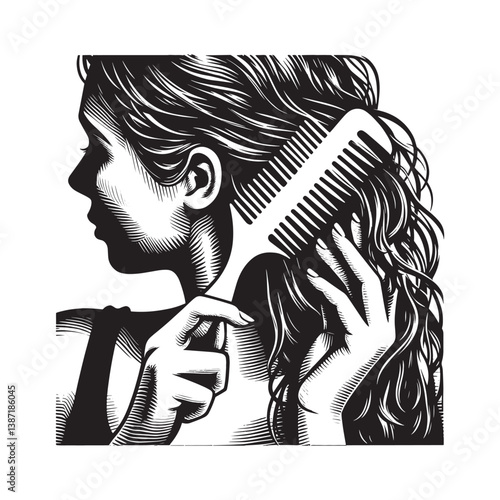 Woman carefully detangling her long damp hair with a wide-tooth comb