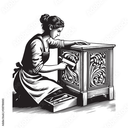 Woman carves ornate details into wooden furniture craftsmanship at its finest