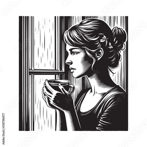 Woman contemplates life over morning beverage near window in monochrome illustration