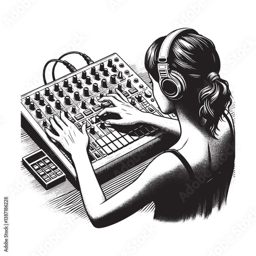 Woman creates music with a digital rhythm sequencer and headphones in a realistic woodcut style