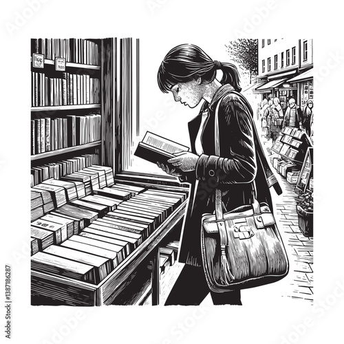 Woman enjoys quiet book browsing at local shop during midday break time