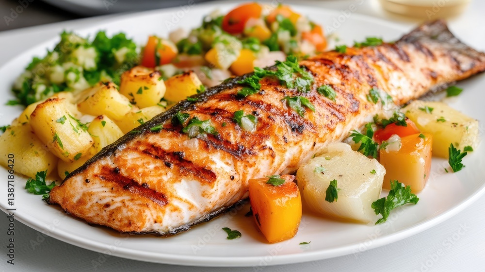 Grilled salmon, perfectly cooked with grill marks, is the centerpiece. Roasted potatoes and vegetables accompany it. The image is high-quality, well-lit, and sharp. The style is clean and appetizin Grilled salmon, perfectly cooked with grill marks, is the centerpiece. Roasted potatoes and vegetables accompany it. The image is high-quality, well-lit, and sharp. The style is clean and appetizin