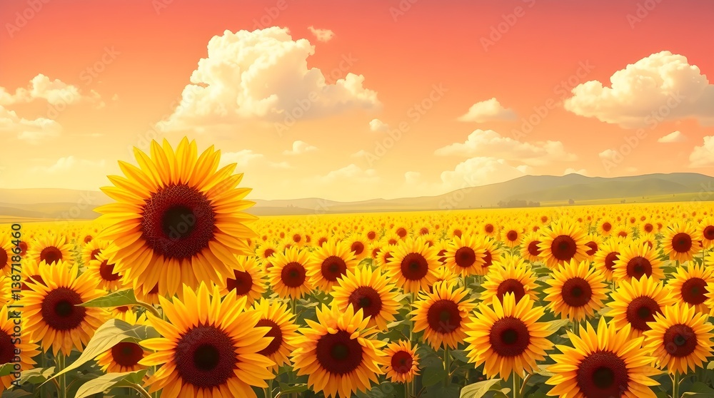 Fototapeta premium A sunflower field in full bloom stretching to the horizon under a warm summer sky with fluffy white clouds.